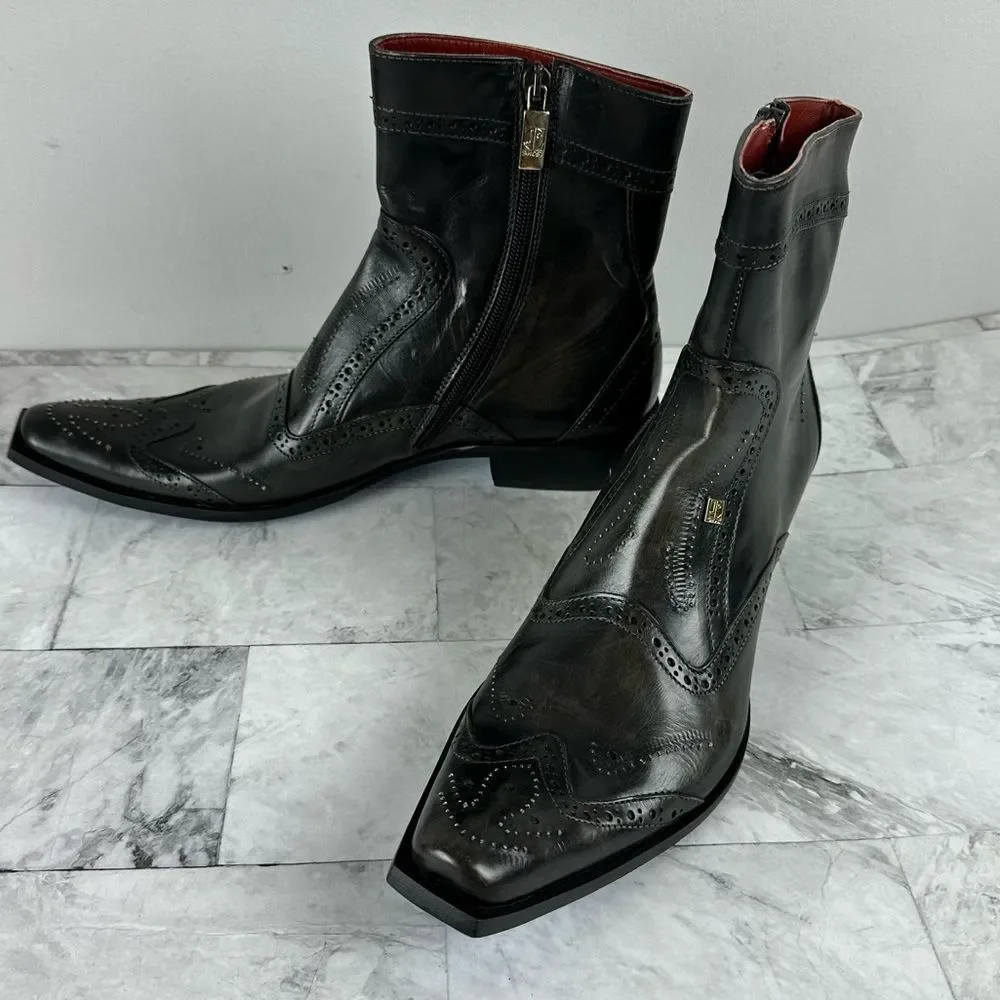 Black Leather Wingtip Ankle Boots with Side Zip